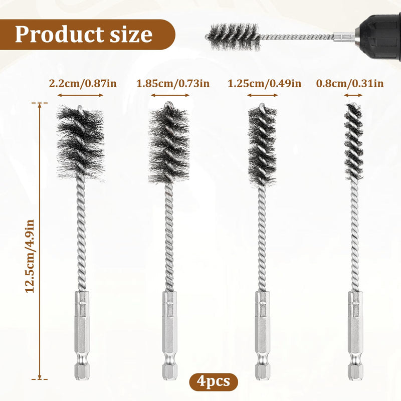 [Australia - AusPower] - 4 Pcs Stainless Steel Wire Brushes for Drill Stainless Steel Bore Brush Set 3/8'' 1/2'' 3/4'' 7/8'' Bristles Wire Brush with Hex Shank Handle for Drill Ports Tubes Bearings Cleaning Parts 