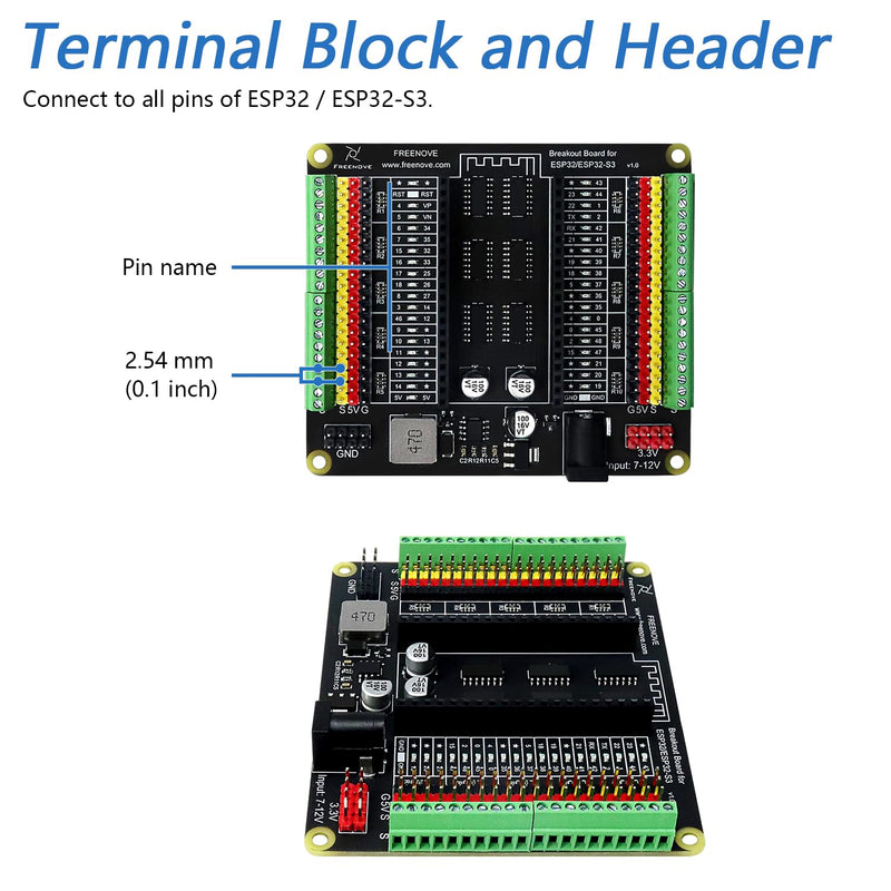 Freenove Breakout Board for ESP32 ESP32-S3 Development Board Protoboard | Terminal Block Shield HAT with Pin Header, GPIO Status LED, Multiple 5V 3.3V Power Outputs