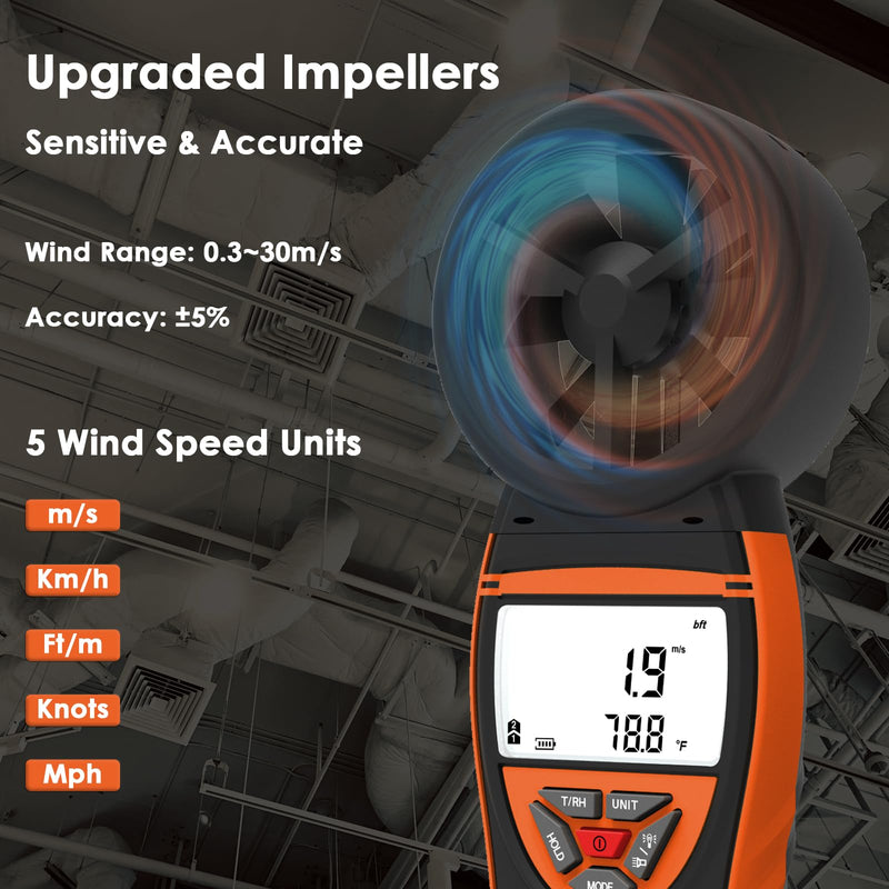 [Australia - AusPower] - Handheld Vane Anemometer Air Flow Tester, Kethvoz Digital Wind Speed Meter Measure Air Velocity 0.3~30m/s, Test Temperature Humidity, Portable Carrying Case Included 