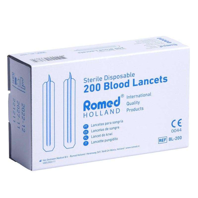Romed Milia Lancet, Disposable Lancet, Sterile Blood Lancet Made of Stainless Steel and tidily Disposal Container, Red, Pack of 200