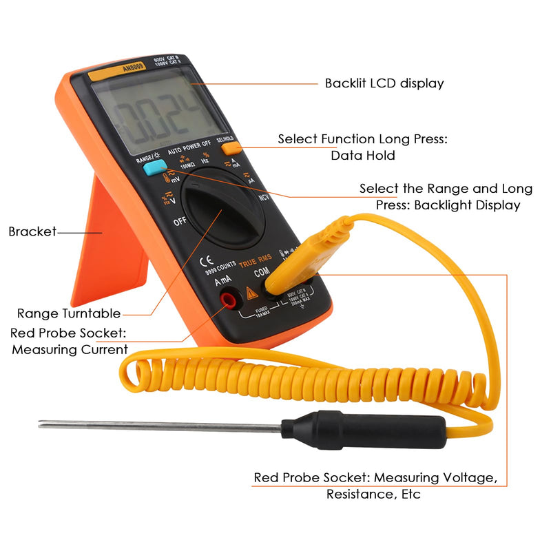 [Australia - AusPower] - AN8009 Auto Ranging Digital Multimeters LED 9999 Count True RMS AC/DC Voltage HFE Electronic Meter Voltage Current Amp Resistance Diodes Continuity for Automotive 