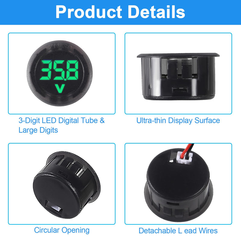 [Australia - AusPower] - 4PCS DC 12V 24V Car Voltmeter LED Digital Display Voltmeter 4-100V Waterproof Digital Round Panel Voltage Tester Gauge Meter for Boat Vehicle Motorcycle Truck ATV UTV (Green Light) Green 