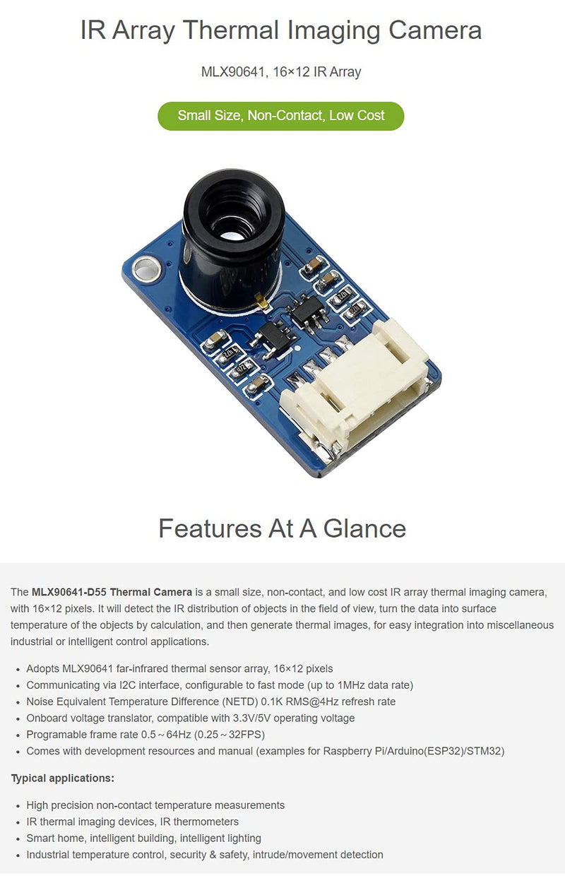 [Australia - AusPower] - Waveshare MLX90641 IR Array Thermal Imaging Camera with 16×12 Pixels 55° Field of View I2C Interface Supports Raspberry Pi 