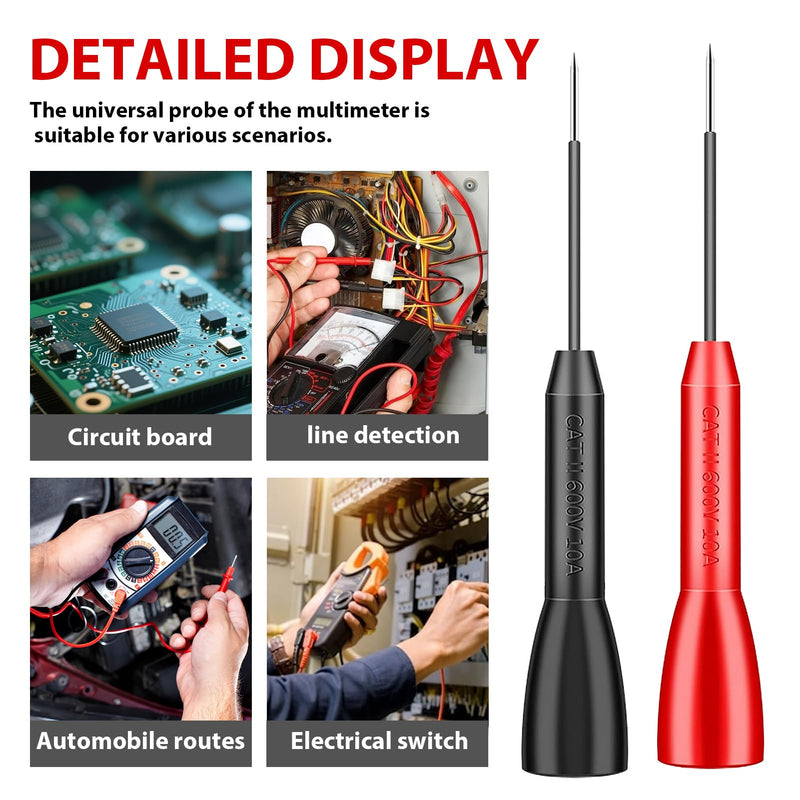[Australia - AusPower] - 4PC 2mm Extended Needle Multimeter Probes, 600V/10A Precision - Tip Testing Piercing Leads for Meter Test Lead (Black-Red) 