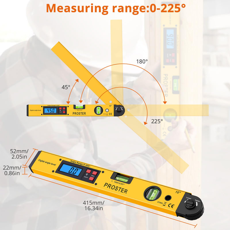 Proster Digital Angle Finder Gauge - Aluminum Angle Finder 16 inch 400mm with LCD Vertical Horizontal Spirit Level and Magnetic Base for Woodworker Yellow