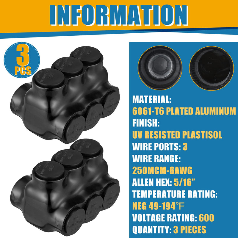 Copkim 3 Pcs Insulated 3 Port Wire Cable Connector 250 MCM-6 Awg Wire Multi Tap 3/8" Hex Screw Dual Sided Entry Interconnect Terminals Pre Filled with Oxide Inhibitor for Copper Aluminum Electrical 3.11'' x 2.37'' x 2''