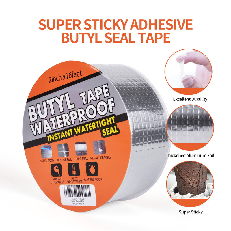 [Australia - AusPower] - Butyl Tape Waterproof Sealing Tape Aluminum Foil Tape, for RV Repair, Window, Silicone, Glass & EDPM Roof Leak Patching, Boat and Pipe Sealing, Silver, 2inch x16feet 50mm x 5m 1 