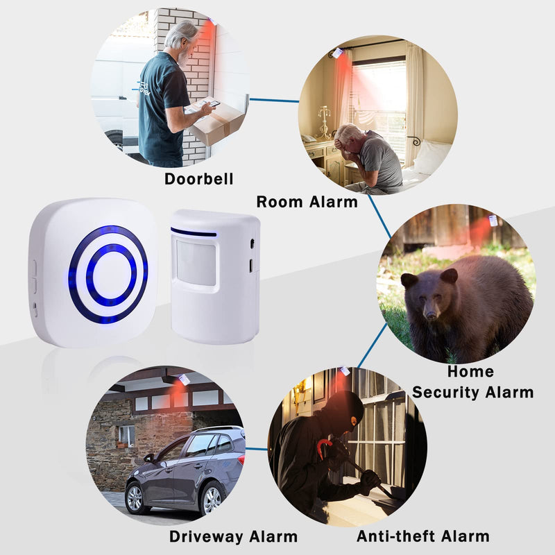 Seanme Motion Sensor Alarm, Wireless Driveway Alarm, Home Security Business Detect Alert with 4 Sensor and 1 Receiver,38 Chime Tunes - LED Indicators for Indoor Use 1 alarm + 4 sensors