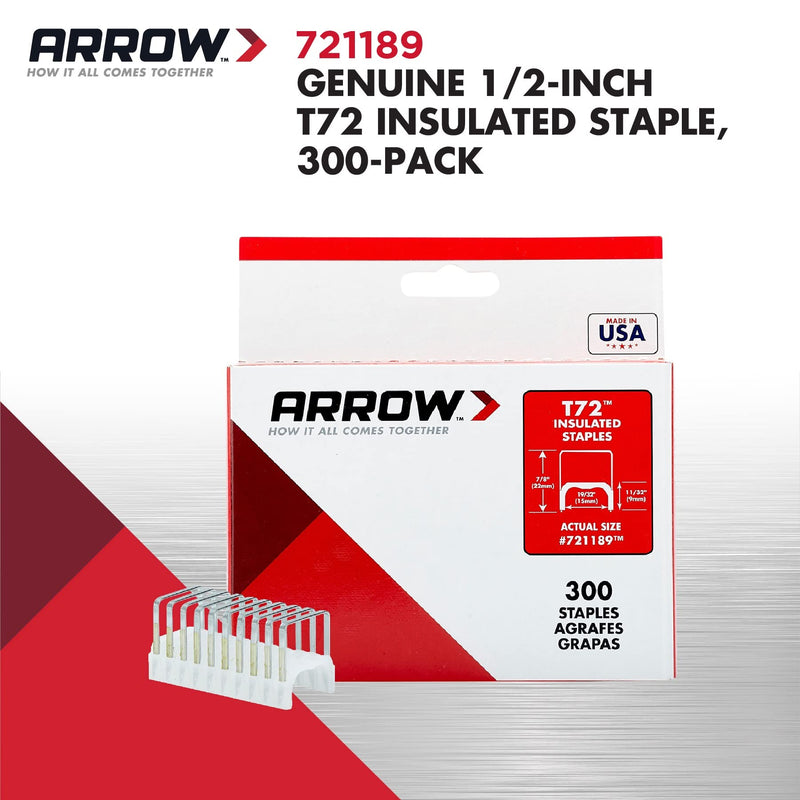 Arrow 721189 T72 Heavy Duty Steel Insulated Staples for Installing Cable/Wiring, 11/32-Inch Leg Length, 19/32-Inch Crown, 300-Pack