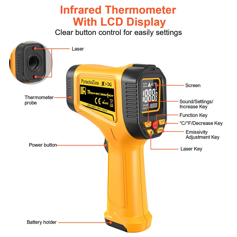 [Australia - AusPower] - Infrared Thermometer Gun -58°F to 1472°F with Backlit Display, Laser Thermometer Temperature Gun with Adjustable Emissivity & Max and Min Measure, Dual Laser Targeting Temp Gun for Cooking, Griddle 
