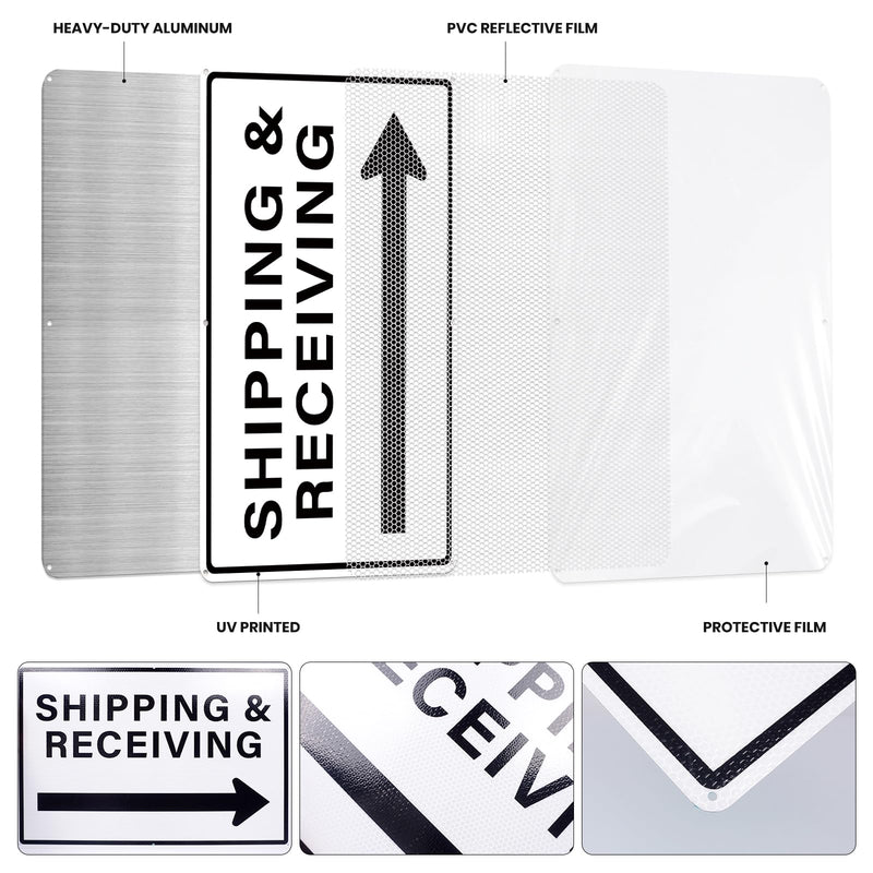 2 Pack Shipping and Receiving Sign with Right Arrow 12" x 18" Reflective Aluminum Metal Signs Rust-Free for Warehouses Factories Loading Docks and Business Use White-Right Arrow