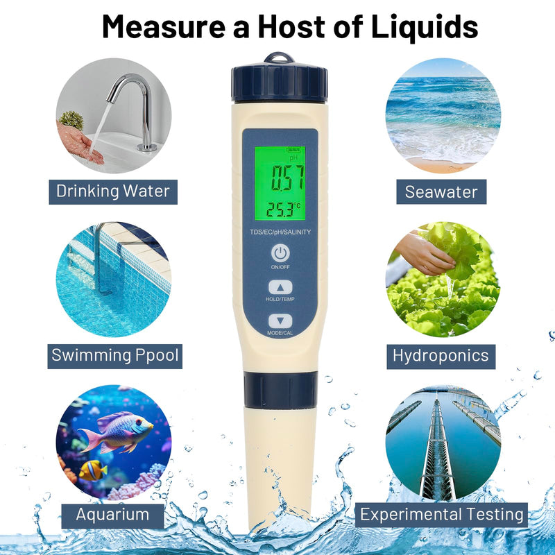 [Australia - AusPower] - diymore Aquarium PH Meter for Water Pool Salt Tester,Digital Salinity Meter Tester and PH Tester for Pool Saltwater Water,5 in 1PH,EC,TDS,PPM,Temperature,Easy to Read,for Drinking Water,Wine,Food 