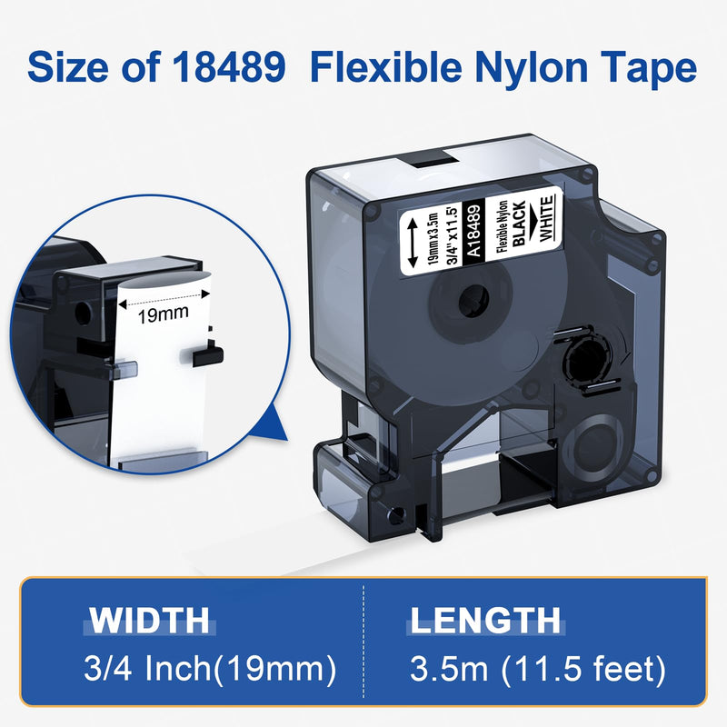 18489 Replace for Dymo Rhino 5200 4200 Label Tape 3/4 Rhino Industrial Flexible Nylon Compatible with Rhino 4200,5200,5000,6000 Label Maker Refills A18489, 3/4'' x 11.5', Black on White, 4 Pack 3/4''