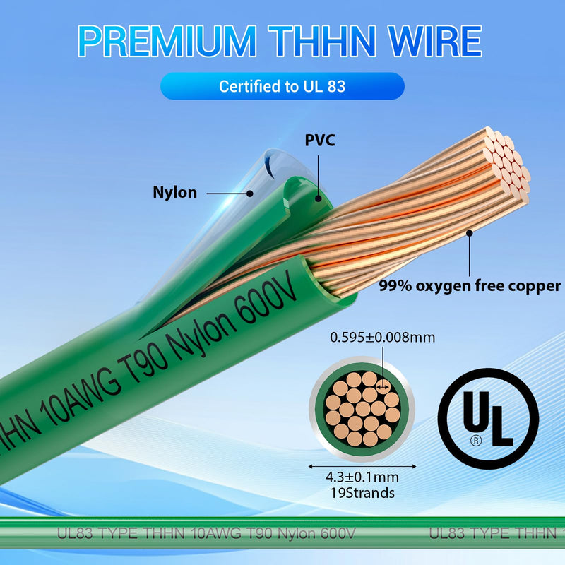THHN Wire 10 Gauge 50FT, UL83 THHN/THWN-2 10 AWG Cable Stranded Copper with Nylon Jacket and PVC Insulation Building Wires for Residential, Ground, CNC, Panel Wiring, Circuit, Control(600V, Green)