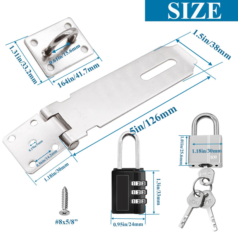 [Australia - AusPower] - 2PCS Door Locks Hasp Latch,5 Inch 304 Stainless Steel Safety Locks for Doors,Extra Thick Hasp Lock Latch with Lock, with Screws, Padlock and Combination Lock. 5inch 