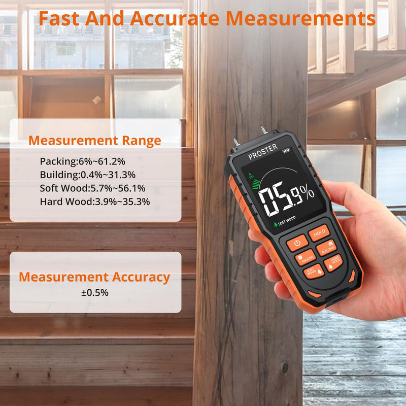 [Australia - AusPower] - Proster Rechargeable Moisture Meter with Tri-Colour Display – Wall Damp Meter with Visual & Sound Alerts, Professional Damp Detector for Timber, Walls, Cement, and Building Materials Rechargeable Pin Moisture Meter 