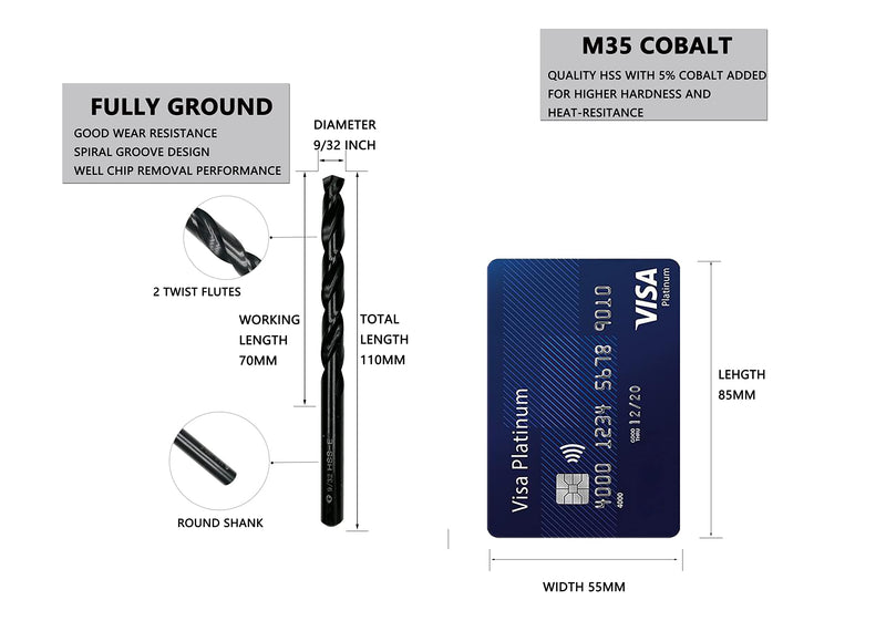 [Australia - AusPower] - 9/32 inch HSS M35 Cobalt Twist Drill Bits,High Speed Steel,Pack of 5,Suitable for Steels,Cast Iron,Stainless Steels and Other hardMetals(9/32inch) 9/32inch 