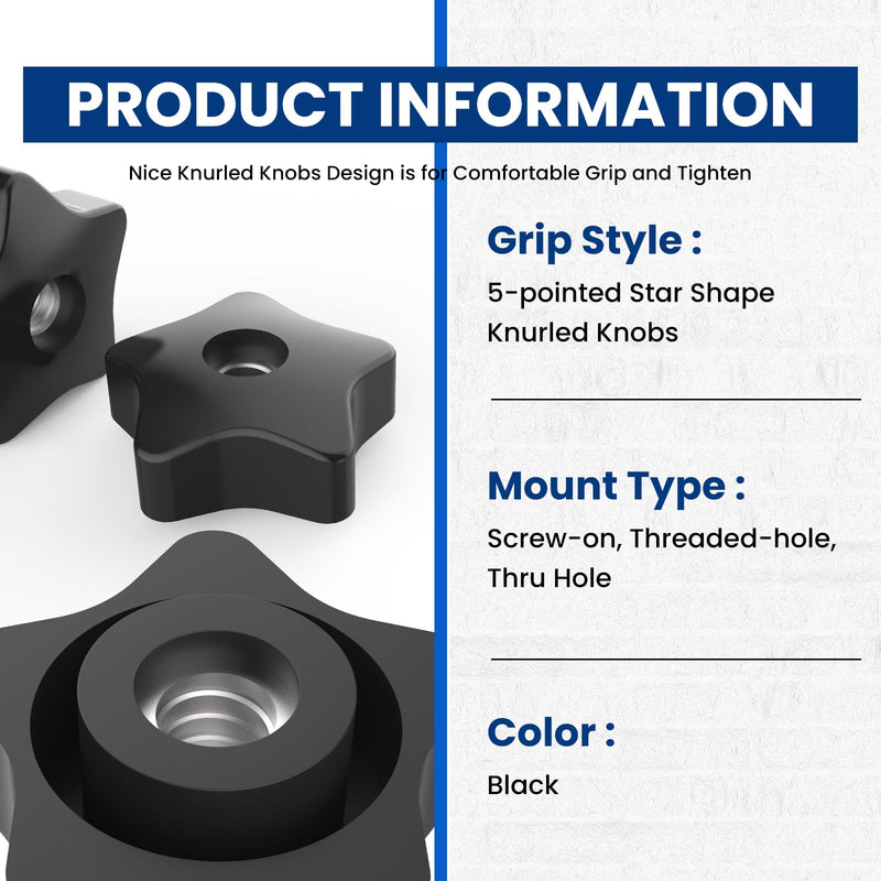 [Australia - AusPower] - 3/8-16 Thread Knob Nut, 6 Pack 3/8 Star Shape Hand Tighten Clamping Knobs Black Screw-On Nuts 3/8-16 