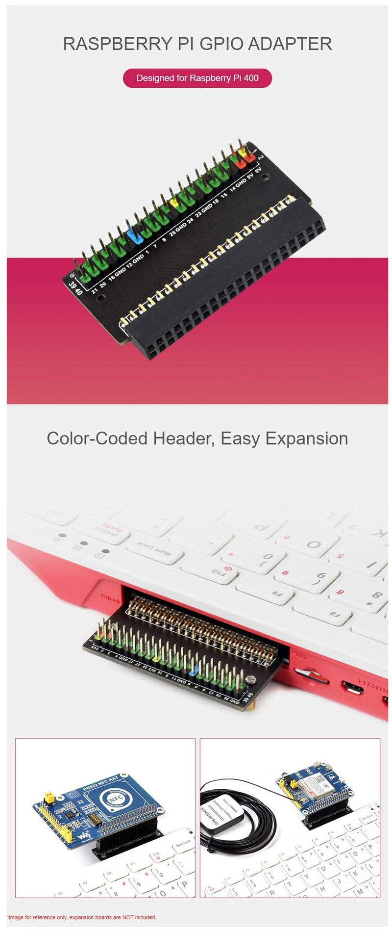 Fits Raspberry Pi 400 GPIO Header Adapter, 2 x 40-Pin Header, Leaning Version, Angled Header Expansion, Convenient to Use Hats (PI400-GPIO-ADAPTER-A)
