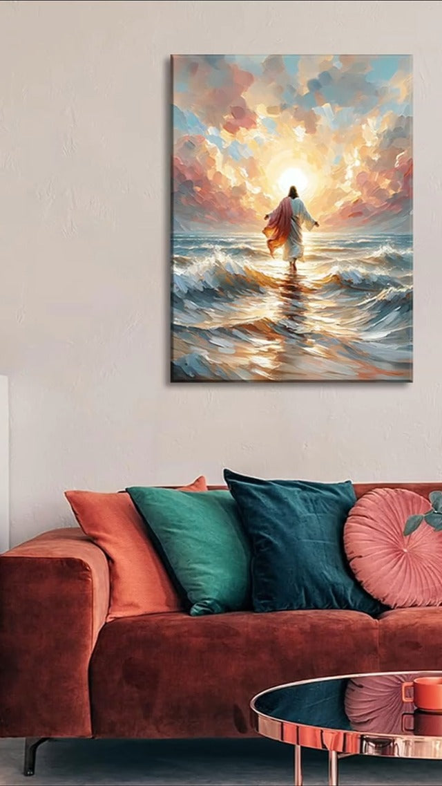 Jesus Walking on Water Canvas Wall Art Jesus Back Waters Reflection Sunset Glow Pink Gold Tones Wall Decor Pictures Christian Bible Stories Poster Prints for Living Room Church Home Decoration 16x24in 24"L x 16"W