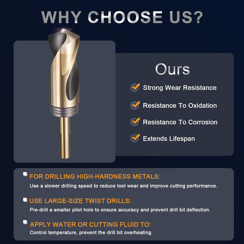 uxcell 1-1/16" Drill Bit 1/2" Reduced Shank 3-Flat M35 5% Cobalt High-Speed Steel Twist Black and Gold Finish 135° Bits for Hard Metal Stainless Steel,1pcs 1-1/16 in 1/2" Shank