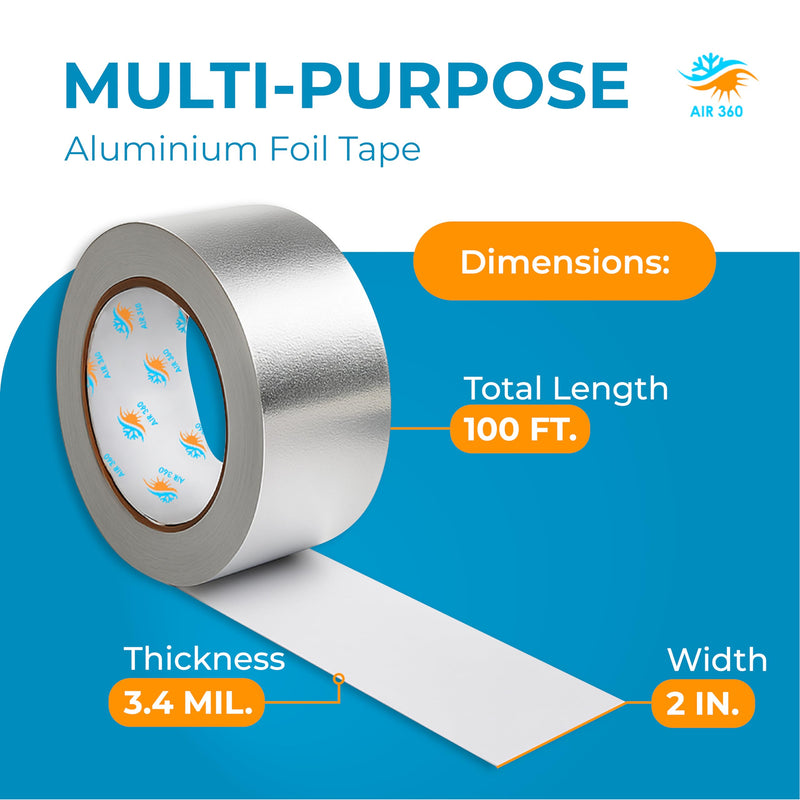 Air 360 Aluminum Foil Tape 2 Inch x 100 FT - HVAC Foil Tape for Ductwork, Dryer Vent, AC & Pipe Insulation - Heavy Duty High Temp Heat Resistant Metal Duct Tape, Waterproof Aluminum HVAC Tape 2x100