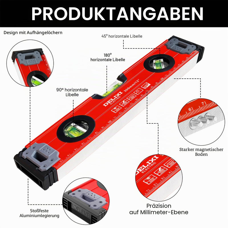 Flintronic 30 cm Spirit Level, Small and Magnetic, Lightweight Aluminum Profile, with Three Levels, 45°/90°/180°, Red 30cm