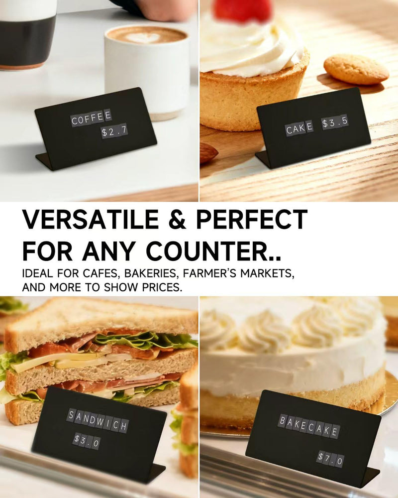 Mini Magnetic Letter Display Signs – Chalkboard-Style Reusable Food Price Labels | 12 Metal Boards + 900 Magnetic Characters for Bakery, Café, Dessert Shop, Deli & Catering Use Black 3.15 x 1.46 Inches 12 Metal Sign + 4 Letter Sheet (3.15 x1.46")