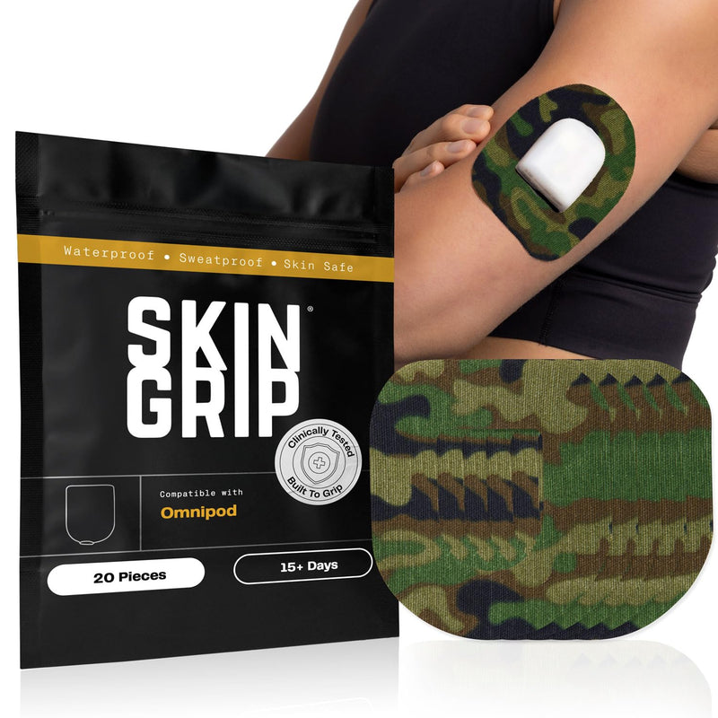 Skin Grip Insulet Omnipod 5 Adhesive Patches Waterproof & Sweatproof (Also Fits Omni pod Dash), Pre-Cut Medical Tape, Ultimate Insulin Pump Protection, Diabetic Sensor Covers, 20-Pack, Camo