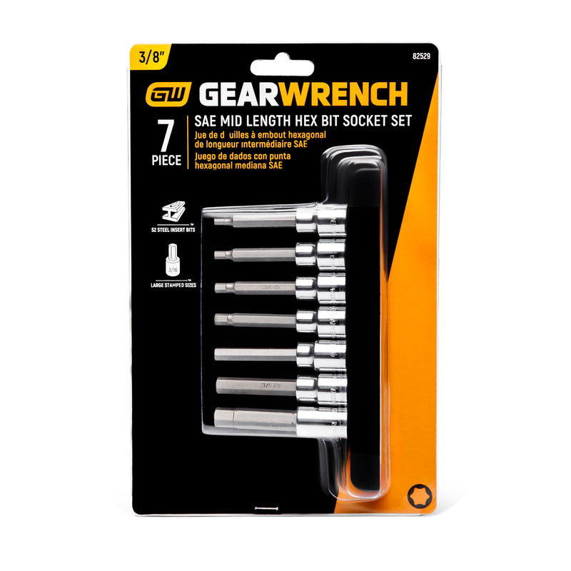 GEARWRENCH 7 Pc. 3/8" Drive Mid-Length Hex Bit Socket Set, SAE - 82529