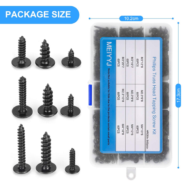 [Australia - AusPower] - 540pcs M2.3 M2.6 M3 Phillips Truss Head Tapping Screw Wafer Head with Washer, Self Tapping Screw Assortment Kit, Black Carbon Steel. 