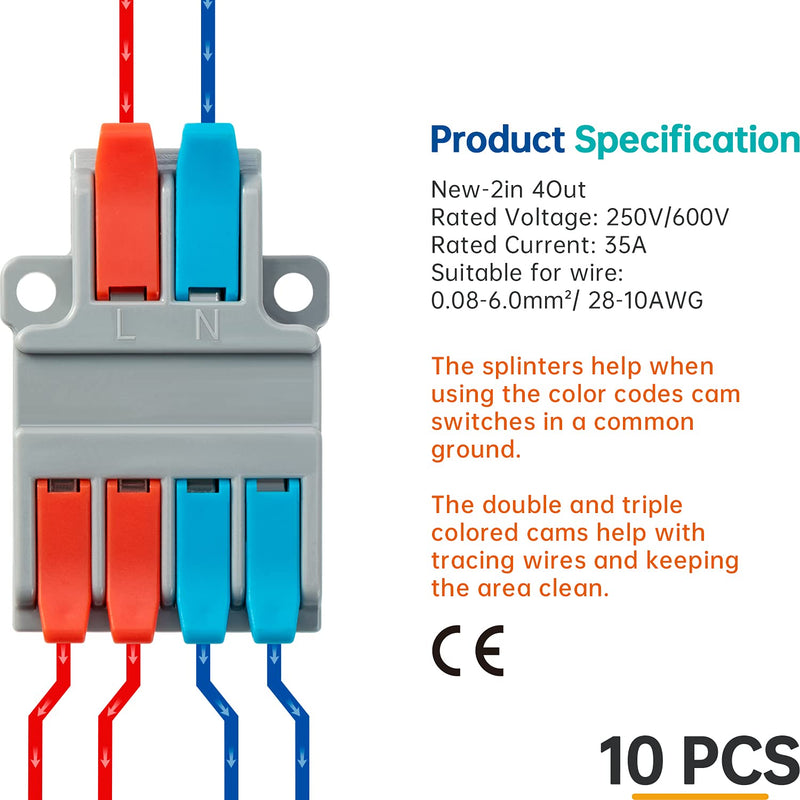 [Australia - AusPower] - GKEEMARS 10Pcs Wire Connectors, Compact Splicing Connector Push-in Conductor Terminal Blocks (2 in 4 Out) 