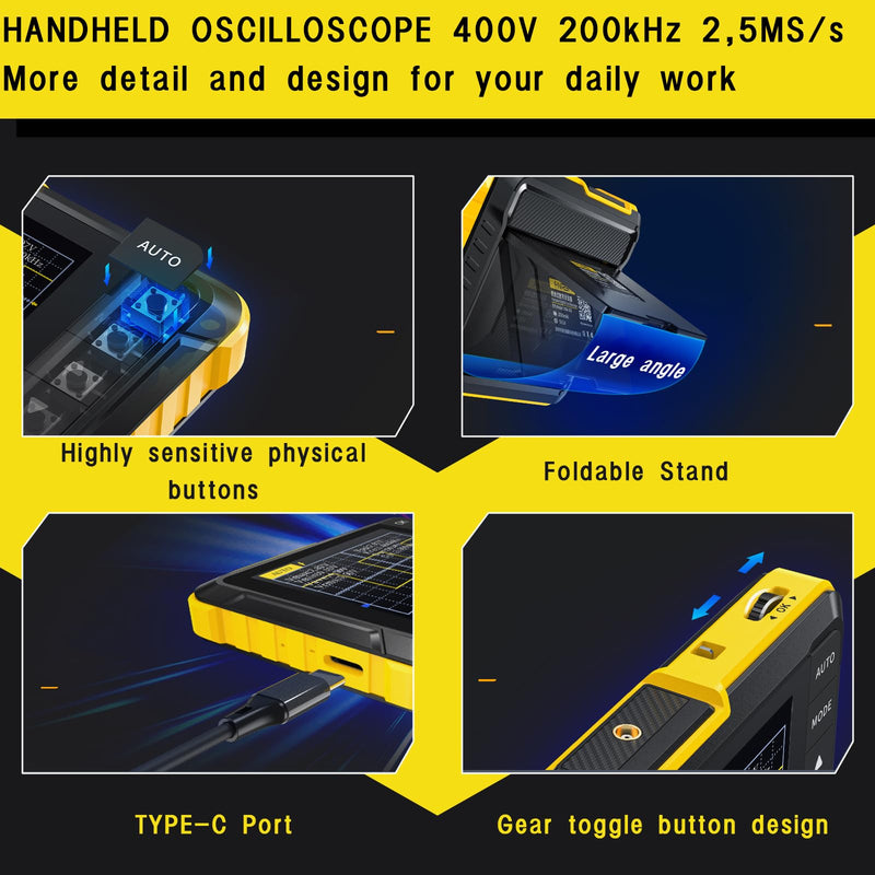 [Australia - AusPower] - Handheld Oscilloscope, 400 V 200 kHz 2.5 MS/s Oscilloscope, Real Time Sample Rate Handheld Oscilloscope with OTA Upgrade Function, Pocket Oscilloscope for Beginners, Carrying Oscilloscope Instrument AP-T7-DSO152 