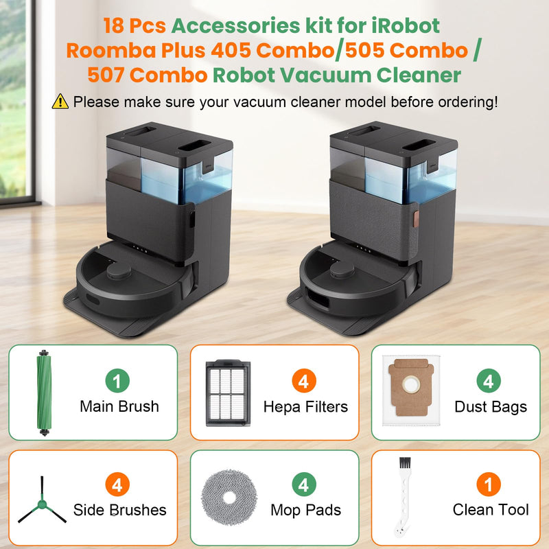 [Australia - AusPower] - 18 Pcs Replacement Parts for iRobot Roomba Plus 405 Combo / 505 Combo / 507 Combo Robot Vacuum Cleaner, Include 1 Main Brush, 4 Dust Bags, 4 Mop Pads, 4 Filters, 4 Side Brushes and 1 Cleaning Tool 18PCS for iRobot 405 Combo 