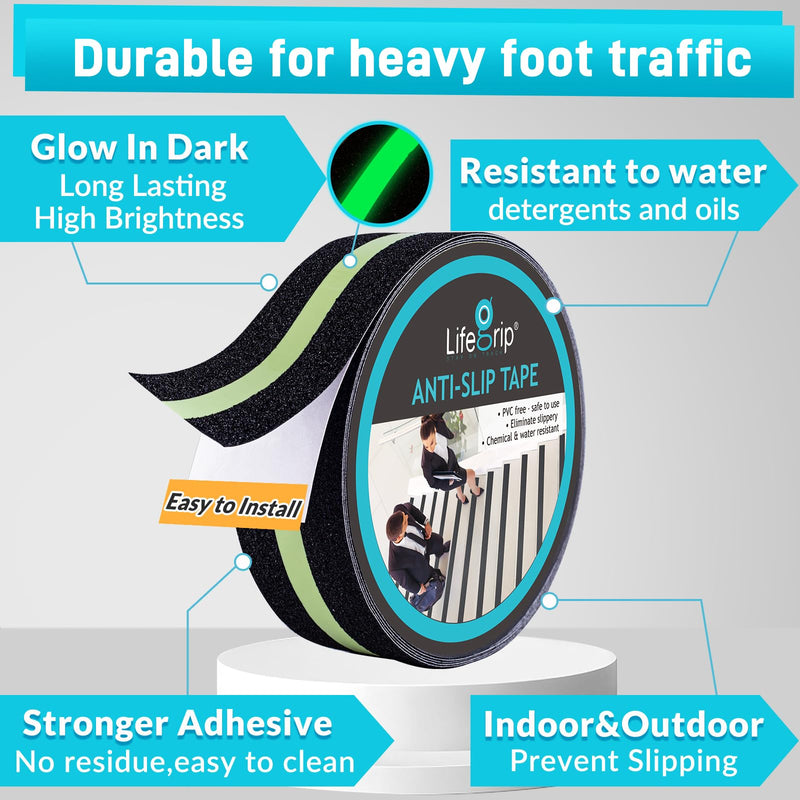 LifeGrip Anti Slip Traction Tape with Glow in Dark Green Stripe, 2 Inch x 15 Feet - Best Grip Tape, Friction, Abrasive Adhesive for Stairs, Tread Step, Indoor and Outdoor, Black (2" X 15') 2" X 15' Black with Glow in the Dark Strips