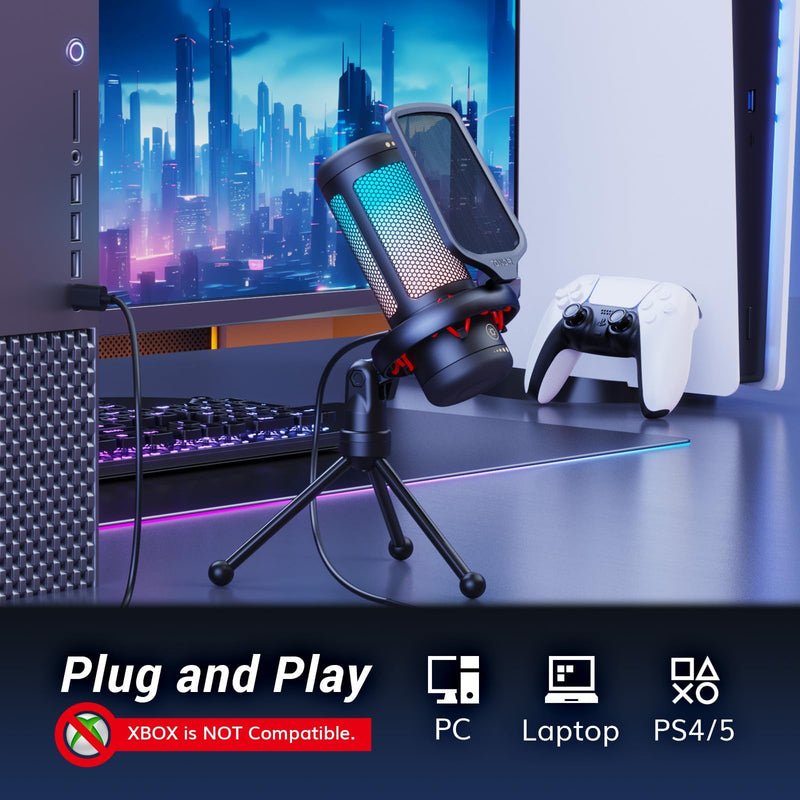 [Australia - AusPower] - TONOR Gaming Mic, USB Microphone for PC Computer, Cardioid Condenser Mic with Adjustable RGB Modes & Brightness, Quick Mute, Gain Control, for Streaming, Podcasting, Recording, PS4/5 Desktop Mic TC310 