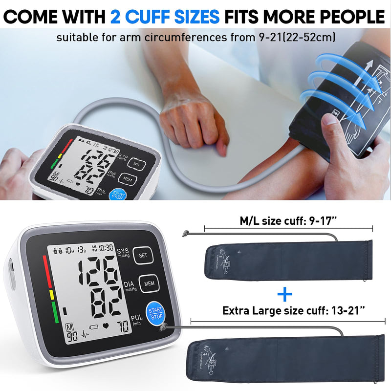 [Australia - AusPower] - Upper Arm Blood Pressure Monitor for Home Use 2 Cuff Sizes, 9-17'' & 13-21''Extra Large BP Cuff Automatic Digital Blood Pressure Machine 2 Users 180 Memories USB Cable 4 AA Batteries 1 monitor + 2 cuff sizes 