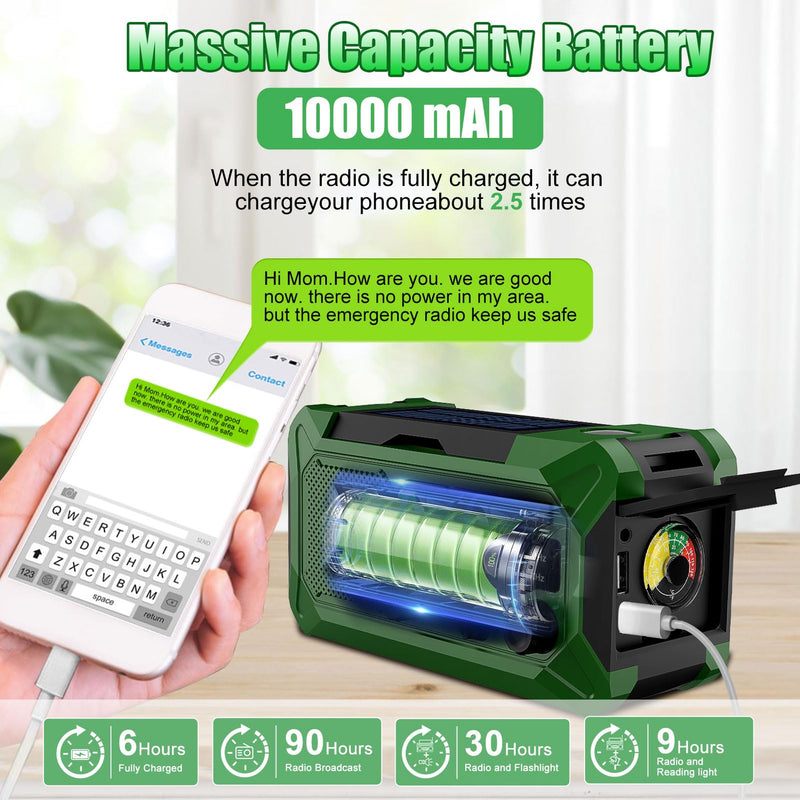 [Australia - AusPower] - 10000mAh Emergency Hand Crank Radio with LED Flashlight, AM/FM NOAA Portable Weather Alert Radio, Solar Powered Radio with Phone Charger, USB Charged, Headphone Jack, SOS Alarm, Compass for Outdoors 