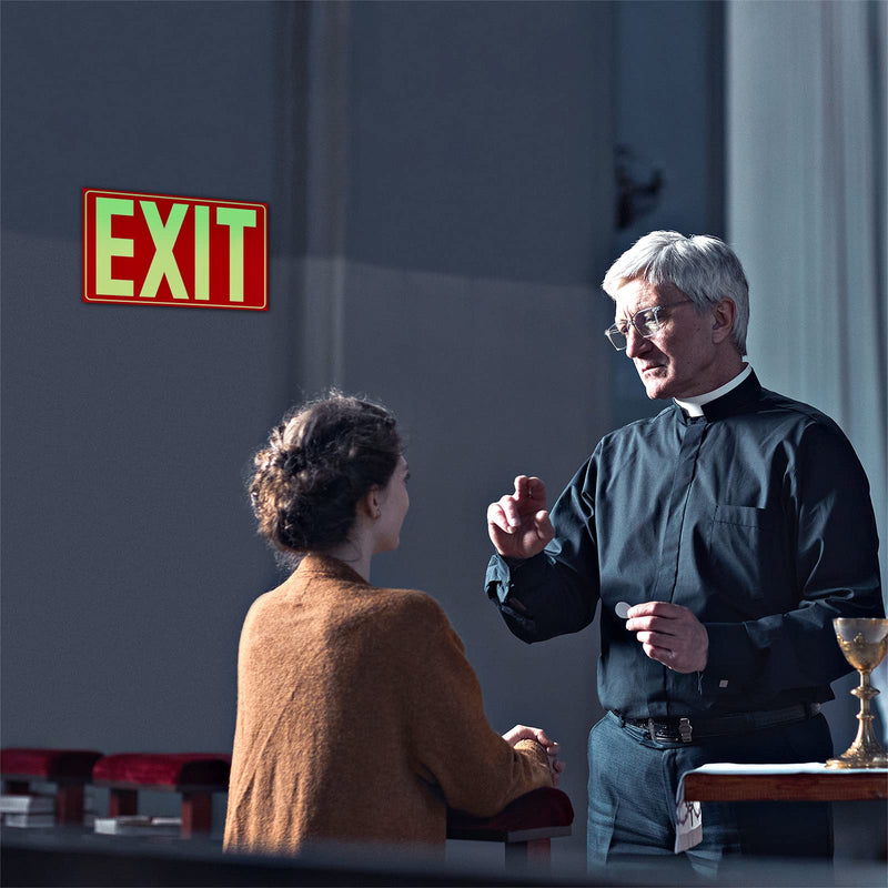 [Australia - AusPower] - Glow In The Dark Photoluminescent Exit Sign Red - Adhesive Backing – UV Inks On Tear-resistant PVC - Non Electrical - Scratch Resistant -12 x 7 Inches For 50 Feet Visibility (2 Pack) 