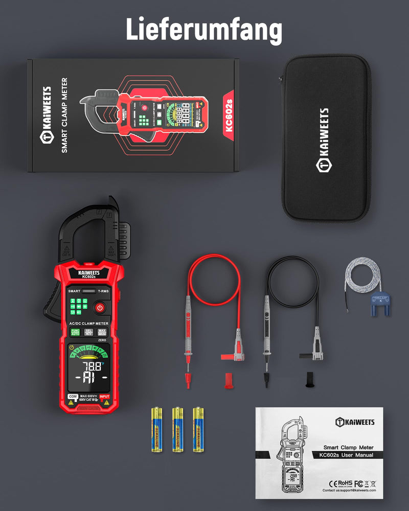 KAIWEETS Current Clamp 600A TRMS, Digital Current Meter with Auto Measurement, 6000 Counts, AC/DC Current & Voltage, NCV, Inrush Current, Resistance, Capacitance, Temperature, Diode & Continuity Test