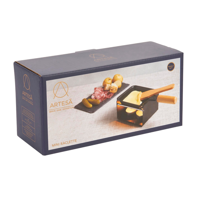Artesà Mini Raclette Grill Cheese Individual Set for 2, Small Iron Cheese Fondue Melter, Metal Rack with Non Stick Pan, Wooden Spatula and 2 Candles Mini Raclette Grill Set