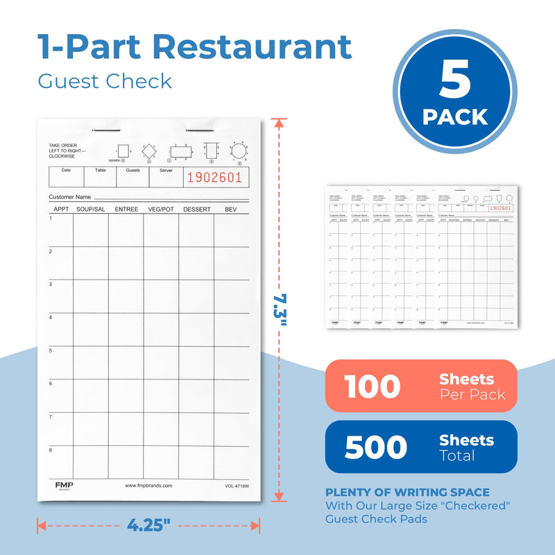 [Australia - AusPower] - FMP Brands Server Note Pads Paper, Guest Check Books, Total 500 Sheets, 5 Pads, 100 Sheets/Pad, Guest Check Pads, Order Pads for Servers, Waitress Notepads for Restaurant, Bar, Cafe, Diners White - Checkers 