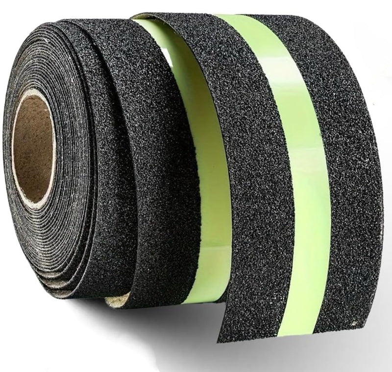 1Roll 5cmx5m Anti-Slip Traction Tape with Glow in the Dark Stripe, Waterproof Non-Skid Adhesive for Stairs, Steps, Outdoor & Indoor Use, High-Traction Safety Treads for Kids & Seniors (Black) Black