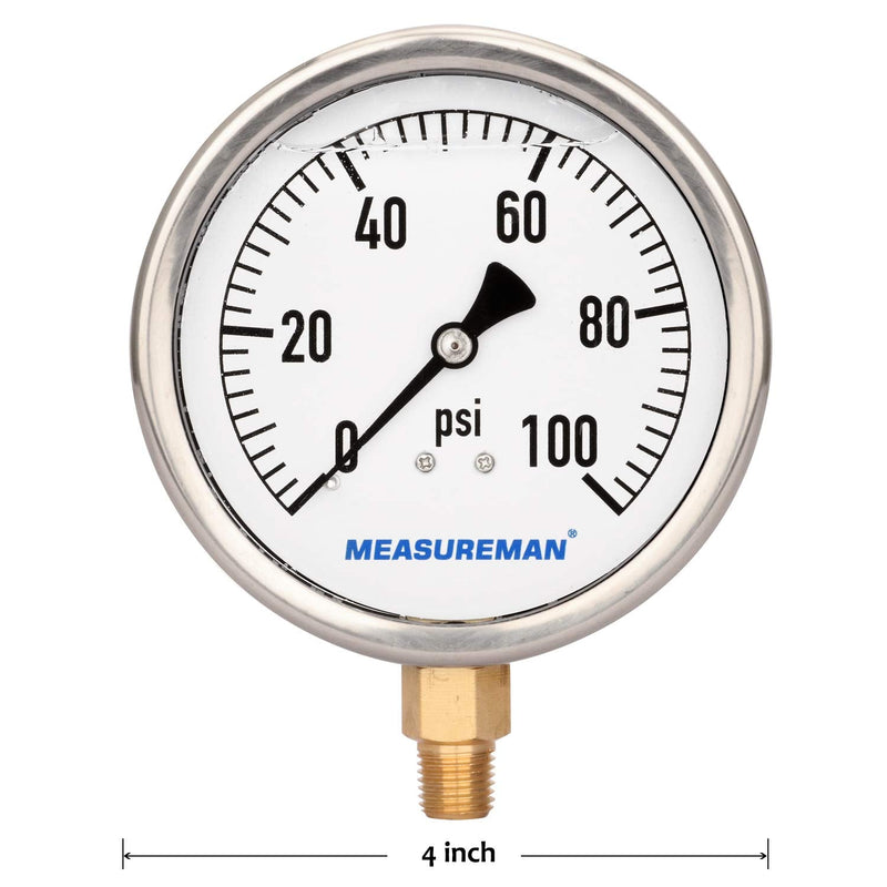[Australia - AusPower] - MEASUREMAN 4" Dial Size, Glycerin Filled Plumbing Pressure Gauge, 0-100psi, Stainless Steel Case, 1/4"NPT Lower Mount 