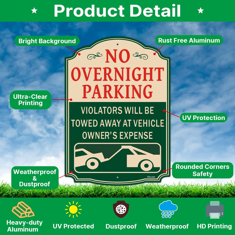 No Overnight Parking Sign Violators Will Be Towed Away at Vehicle Owner’s Expense 14 x 10 Inches Rust Free Aluminum Weatherproof Easy to Install 2 Pack