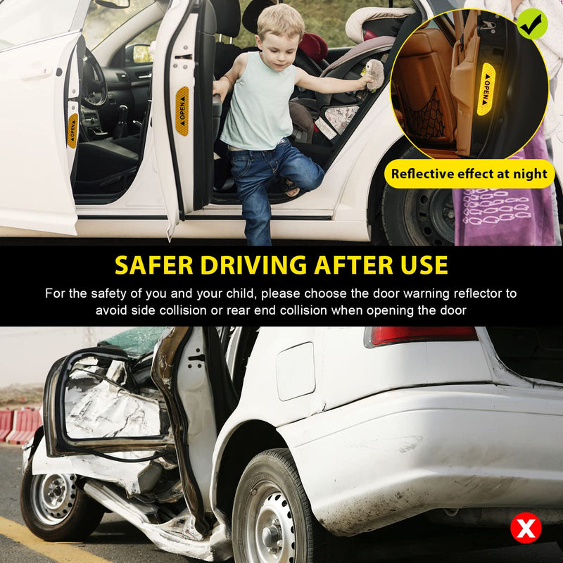 4PCS Car Door Open Prompt Anti-Collision Reflective Stickers, Car Tape Conspicuity Safety Caution Warning Sticker for Car Truck SUV(Yellow) Yellow
