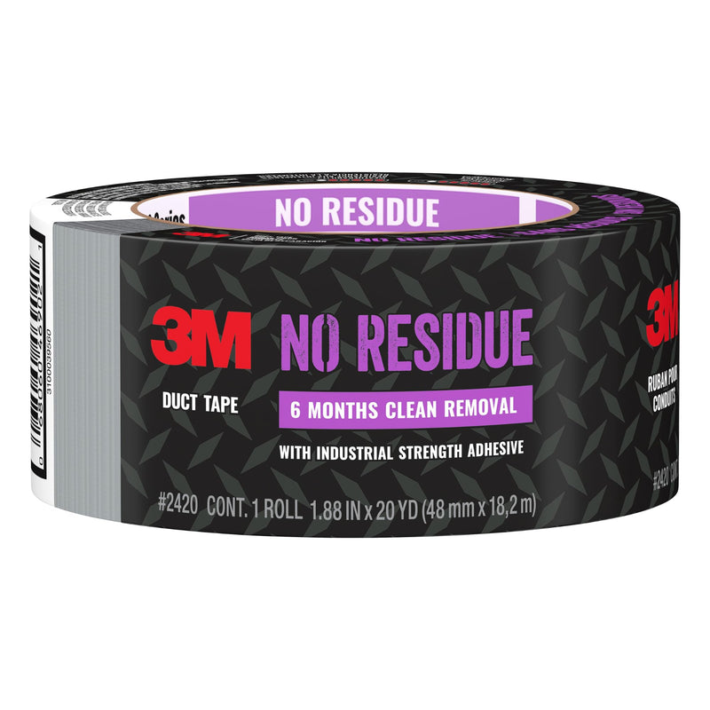 3M No Residue Duct Tape, 1.88 in x 20 yd, 1 Roll, Removes Without a Trace, Great for Bundling, Securing Cords, Tear by Hand Vertically and Horizontally, Ideal for Indoors and Outdoors (2420) 1.88 inches x 20 yards
