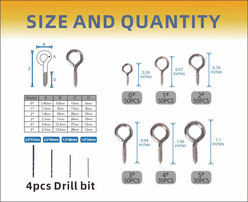 [Australia - AusPower] - 260PCS Silver Eye Hooks Screw Metal 0.67 inches-1.1 inches Hook and Eye Small Eyelet Screws(0#-5#,260PCS)+4pcs Drill Bit(1.0,1.5,2,2.5) 0#-5# 