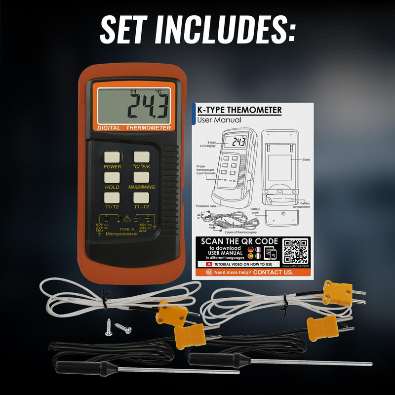 [Australia - AusPower] - Dual Channels Thermocouple Thermometer 4 Thermocouples (Wired & Stainless Steel), Handheld Desktop High Temperature Kelvin Scale Sensor Tester Temperature Range -50~1300°C (-58~2372°F) 