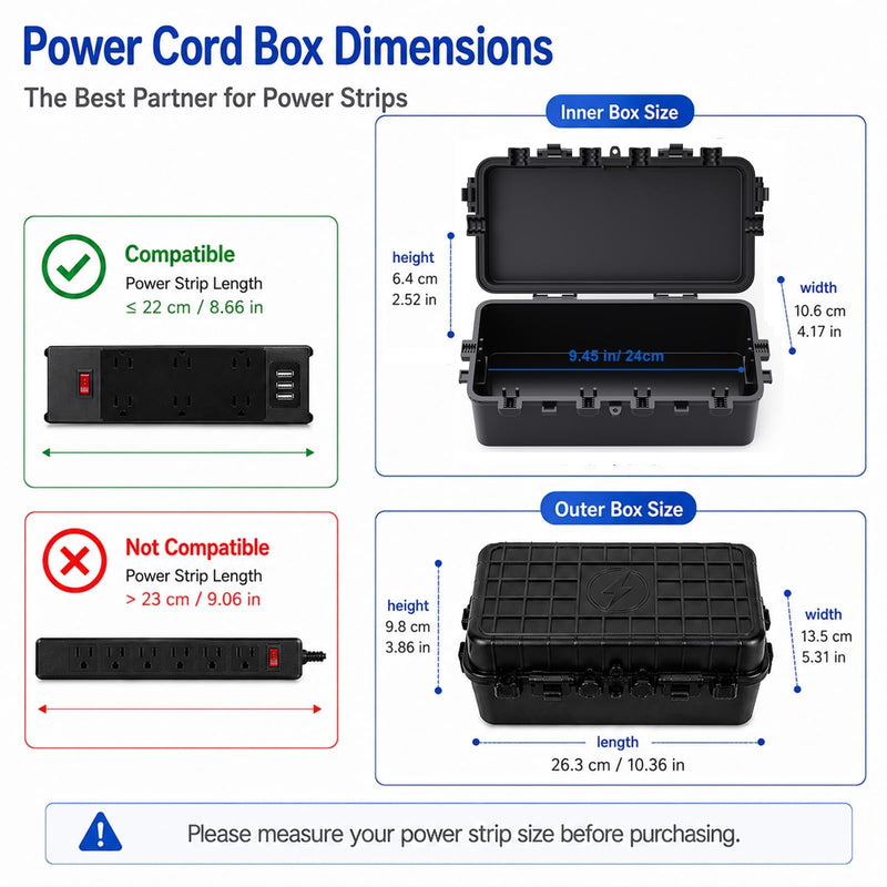IP65 Waterproof Medium Outdoor Cable Box (26.3 x 13.5 x 9.8 cm), 6 Cable Entrance, Waterproof Connection Boxes with Ground Anchors for Power Strips, Timer Switches and Garden Decoration, Black